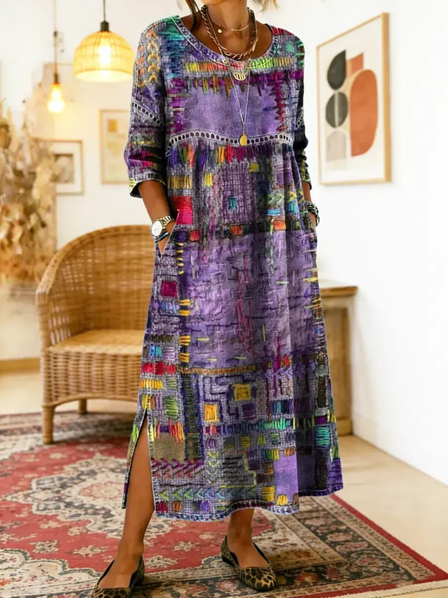 Manuela | Vestido Denim con Patchwork Étnico